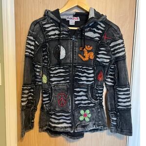 Bohemian Hippie Sweatshirt Fairy Y2K Elf Hood Embroidered Patchwork Peace Sign